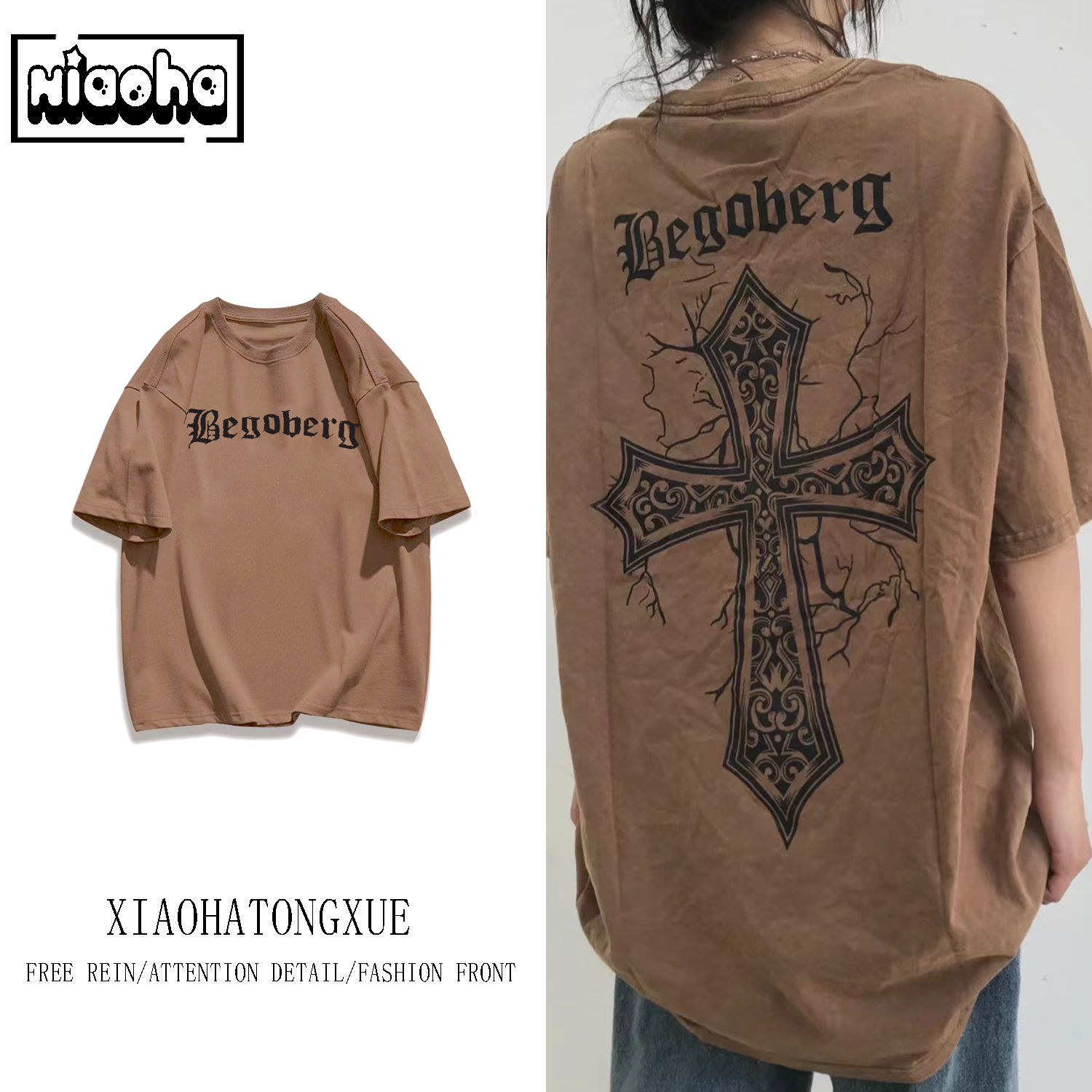 Cotton dark cross short sleeve summer T-shirt women's round neck fashion brand loose half sleeve top men