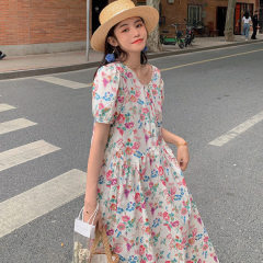 Summer Korean version retro oil painting broken flower tea rest skirt women loose thin medium long temperament dress fashion