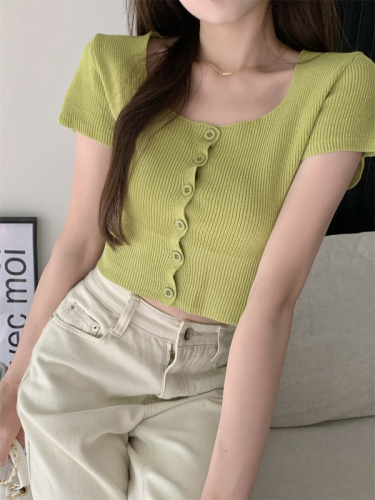 Real auction real price summer sweet and spicy square collar short sleeve sweater short candy color slim fit versatile top