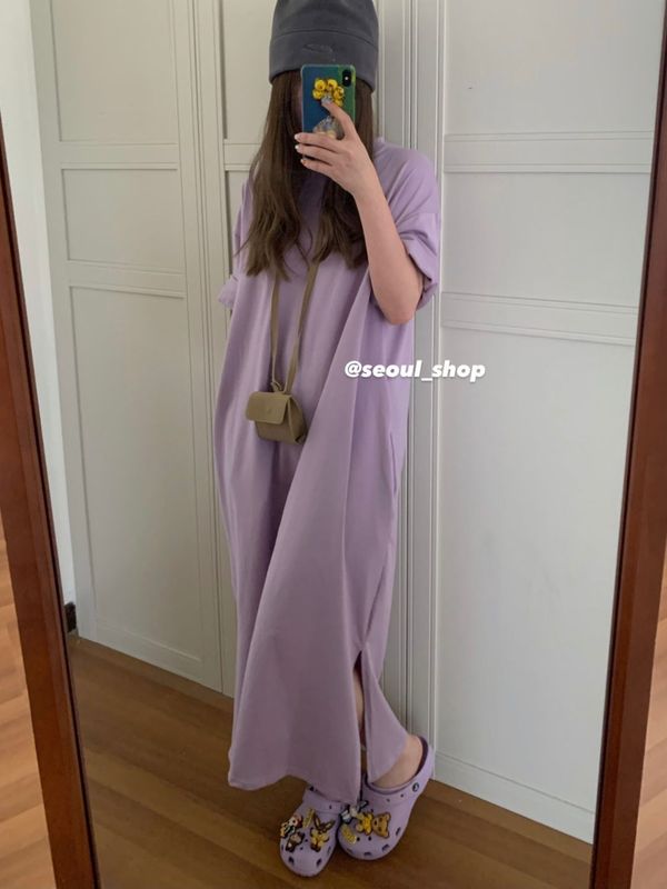 New real shooting, real price, Korean version, minority design, lazy, versatile, loose T-shirt dress, split long skirt, summer