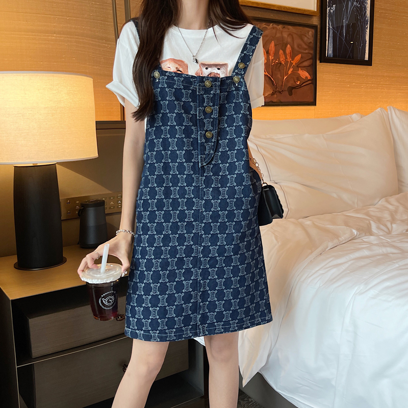 Real shot real price denim strap skirt summer female design sense niche 2022 retro jacquard small dress