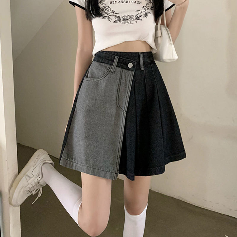 Irregular Denim Short Skirt women's summer large size fat mm covered belly thin design sense of minority A-line Hip Wrap Skirt