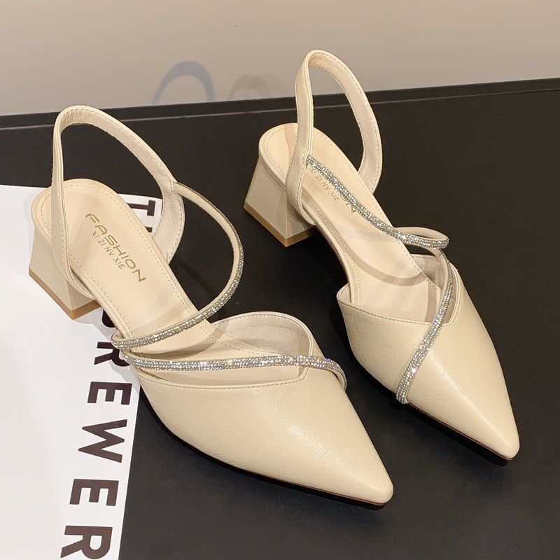 2022 new pointed Baotou sandals women's middle heel four seasons single shoes thick heel straight belt lady high heels Rhinestone fashion