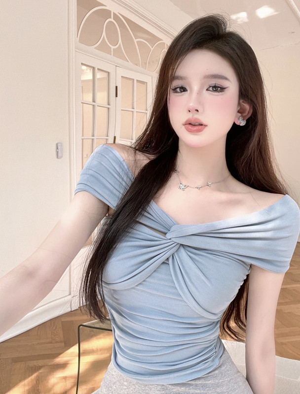 Real price real shot twisted one line collar sexy off shoulder short top T-shirt slim and slim