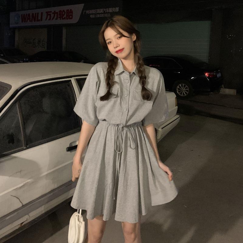 Summer new large Polo neck drawcord waist closing fat mm2-300kg loose slim short sleeve age reducing dress