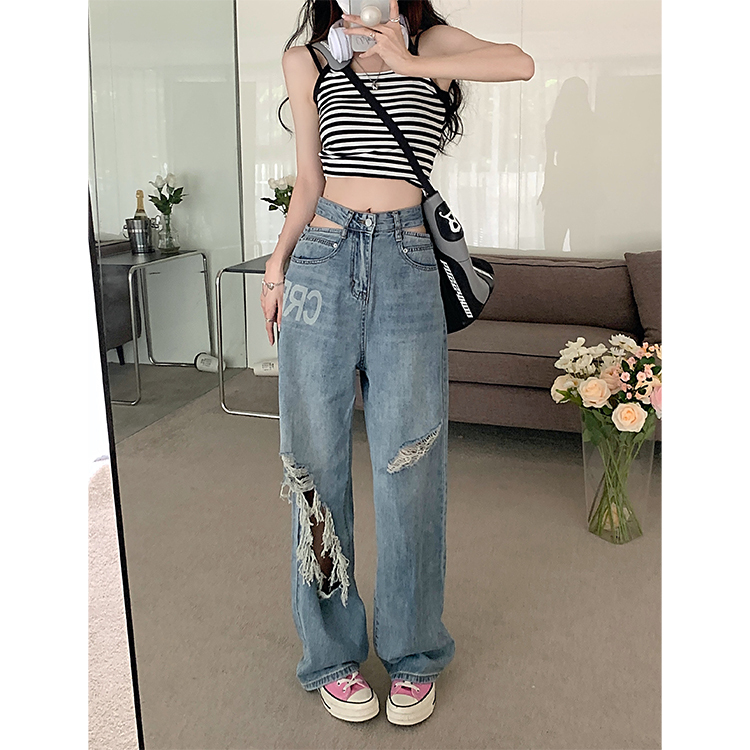 Real price high waist hollow out printed wide leg straight jeans