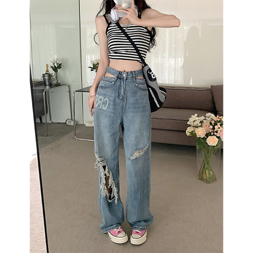 Real price high waist hollow out printed wide leg straight jeans