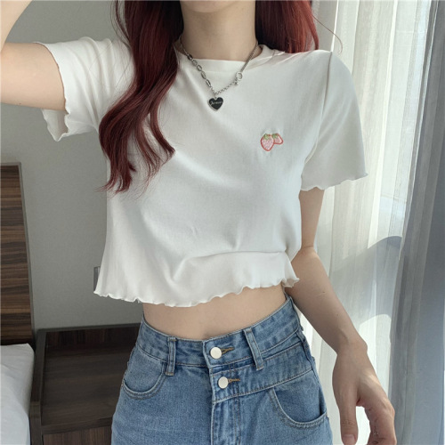 Korean fashion new sweet Spice Girl navel exposed short summer short sleeve embroidered ear trim T-shirt for women