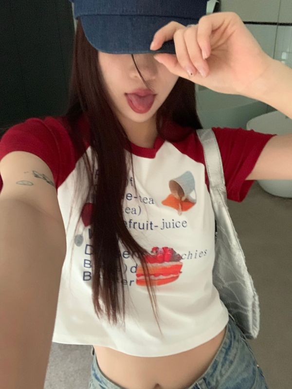 New real auction real price retro alphabet cake raglan sleeve color matching short tee