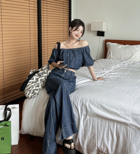 Real price and real shot design sense cowboy suit female sexy one line collar Strapless Top + high waist and wide leg pants