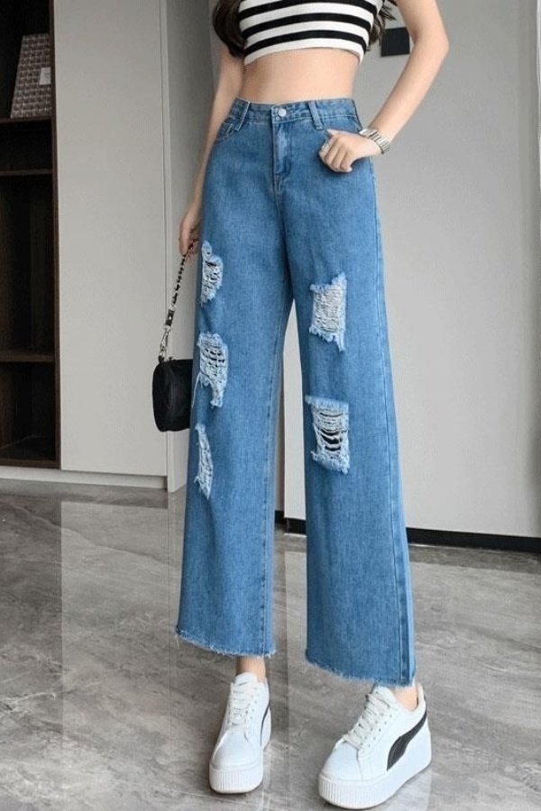 Pierced jeans women's new summer style loose slim octant short tall beggar straight wide leg pants