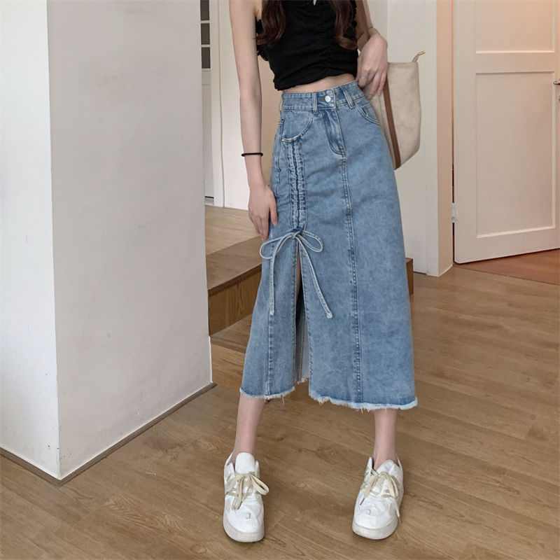 Large size slightly fat mm denim skirt women's spring and summer high waist split mid length design feeling small A-line skirt