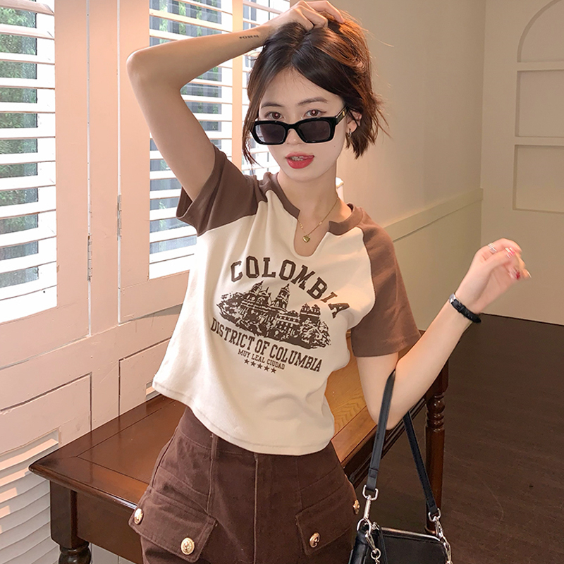 Official figure real price letter printing contrast color V-neck short top special price