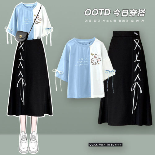 Single / suit 2022 summer female student Korean loose Bunny embroidered short sleeved T-shirt + skirt two piece set fashion