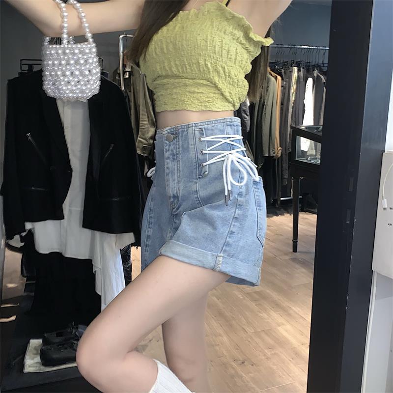 Jeans and shorts 2022 new summer loose and popular style, slim and versatile, high waist drawstring, blue retro curling hot pants