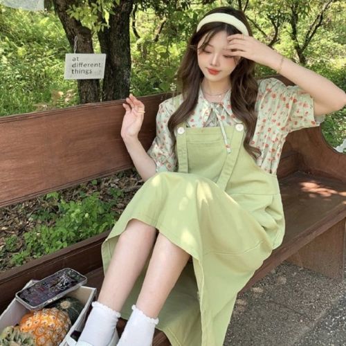 Summer new super xiansen Department medium and long suspender dress female students look thin and age reducing suspender skirt one-piece suit