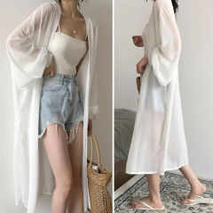 Summer bat long sleeve loose pure white yarn super long Chiffon cardigan women's knee length sunscreen jacket thin