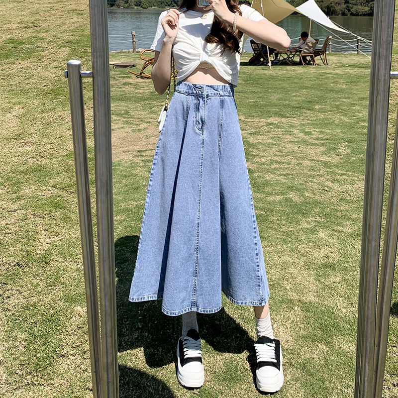 Women's skirt skirt 2022 new spring and summer medium length denim skirt pleated high waist slim A-line hanging umbrella skirt