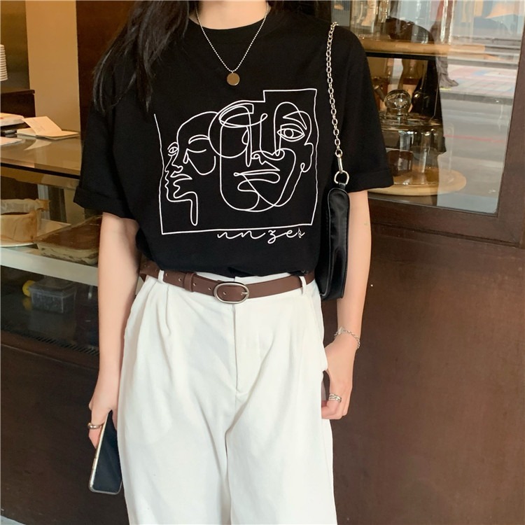 Versatile round neck printed loose short sleeve T-shirt trendy students