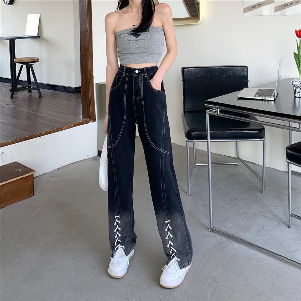 Gradient black pants ins trendy and versatile women's summer loose Korean student skinny high street style bandage jeans