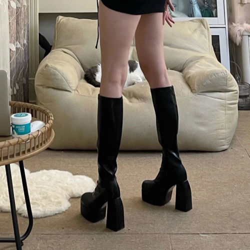 Dark European and American super high heel boots women's thick heel square head sleeve elastic Knight boots small knee high boots