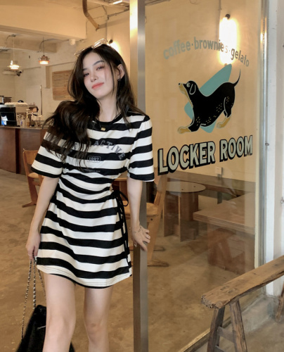 Real price ~ Korean fashion letter print stripe scheming hollowed out waist revealing thin dress