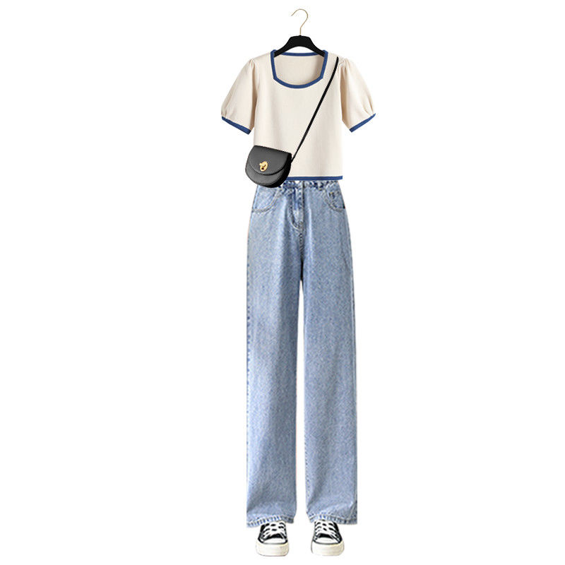 Summer suit women 2022 new large fat sister foreign style short sleeve T-shirt versatile slim jeans two-piece set