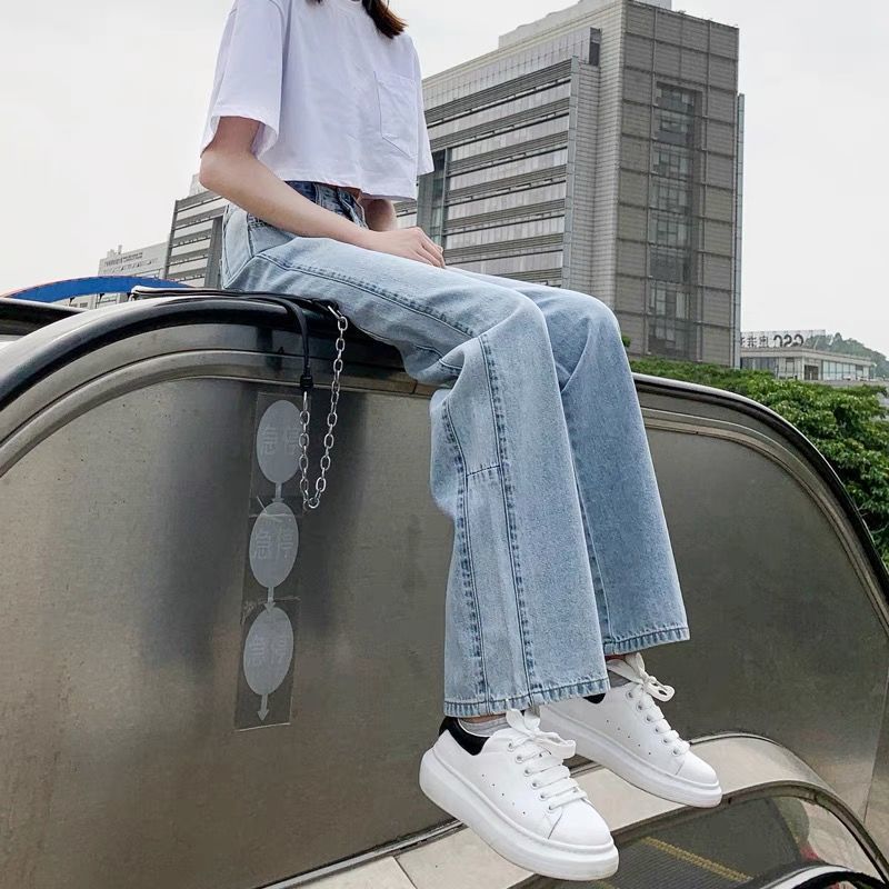 Wide leg jeans women's 2022 spring and Autumn New Korean version high waist loose thin straight tube hanging feeling ins floor dragging pants