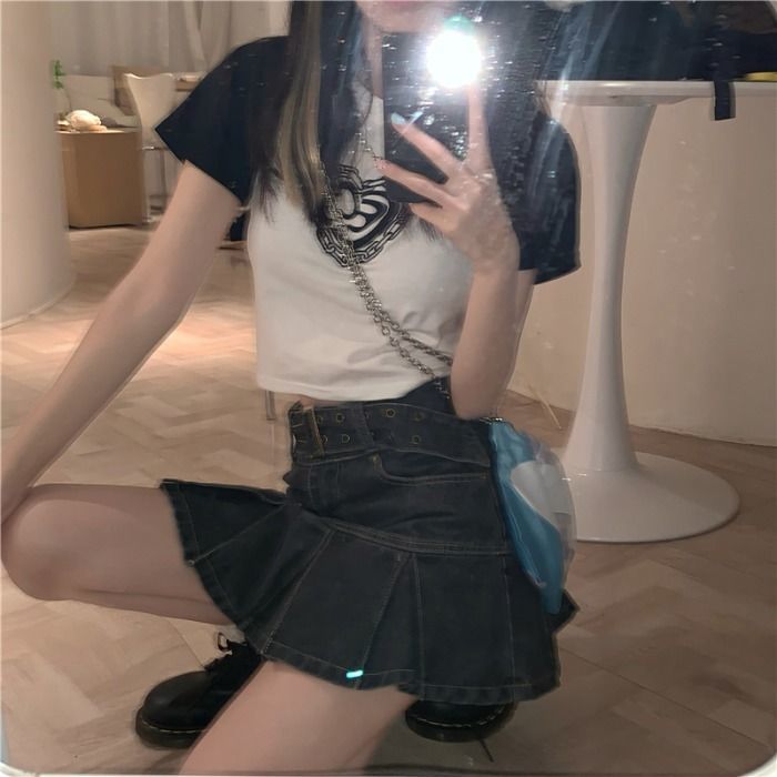 Japanese hot girl skirt denim skirt skirt skirt summer 2022 new popular pleated skirt high waist slim A-line skirt