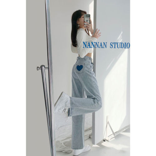 Vintage distressed love patch jeans women 2022 spring and autumn loose thin straight pants high waist thin wide leg pants