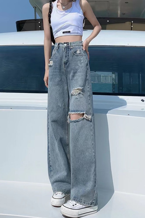 Pierced jeans women's high waist thin straight tube loose 2022 new summer high street Spice Girls vertical mop