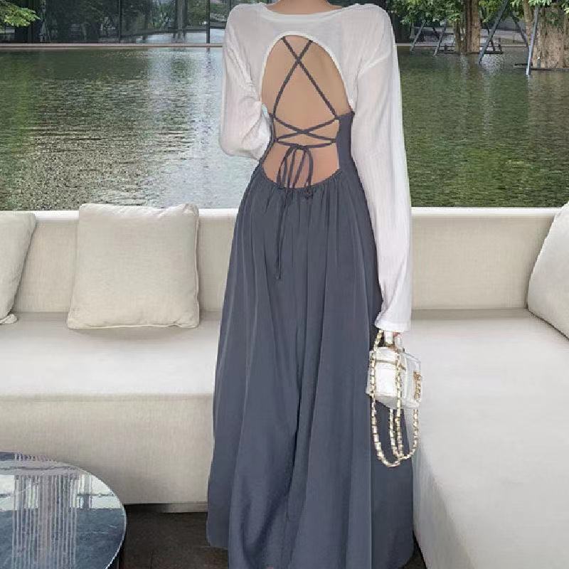 Goddess fan Yujie suit is versatile. Wear long sleeved sunscreen blouses on both sides + sexy backless suspender dress for women