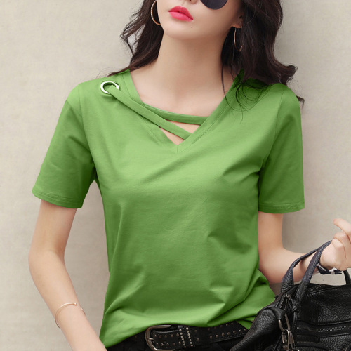 Short sleeved women's new summer T-shirt women's V-neck loose Korean black top casual ins T-shirt trend