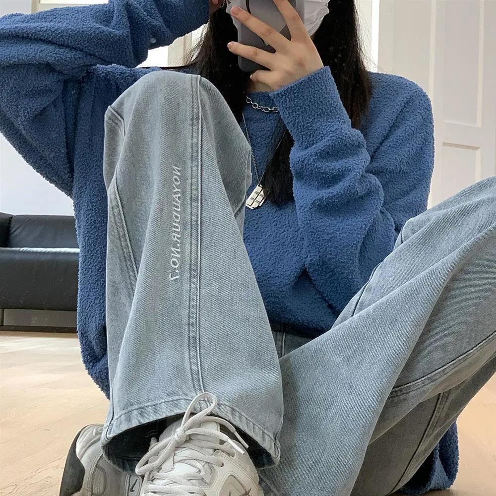 Autumn New Retro Korean embroidered jeans women's loose straight pants high waist slim versatile student wide leg pants