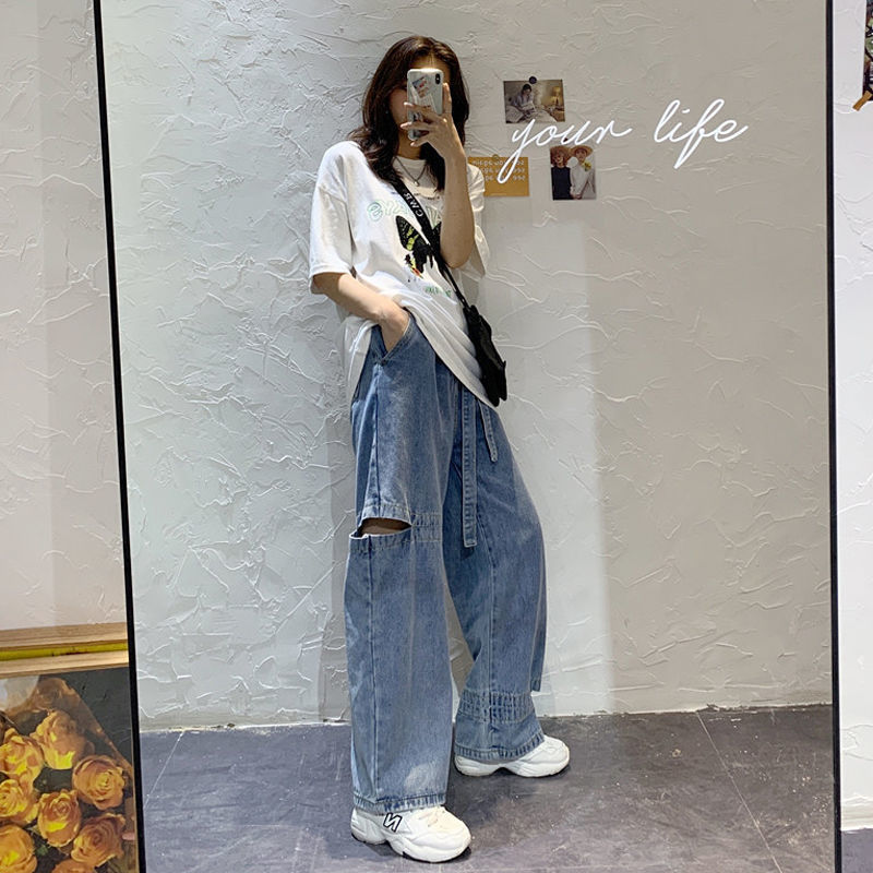Net red ins design feeling broken hole straight jeans women's high waist thin loose hanging feeling wide leg dad pants fashion