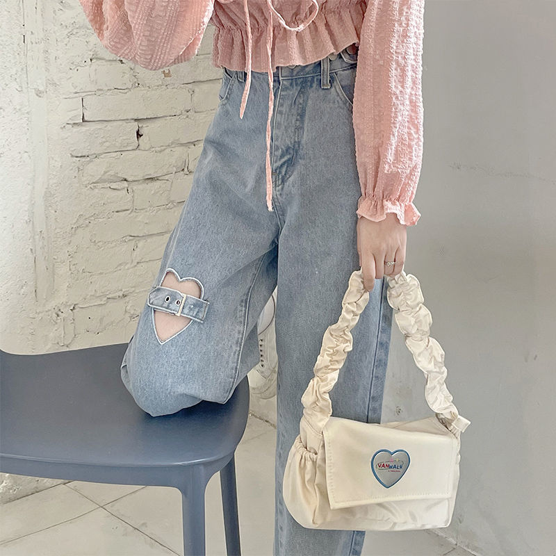 Love hole jeans women's summer new vintage design sense of minority loose high street straight pants fashion ins