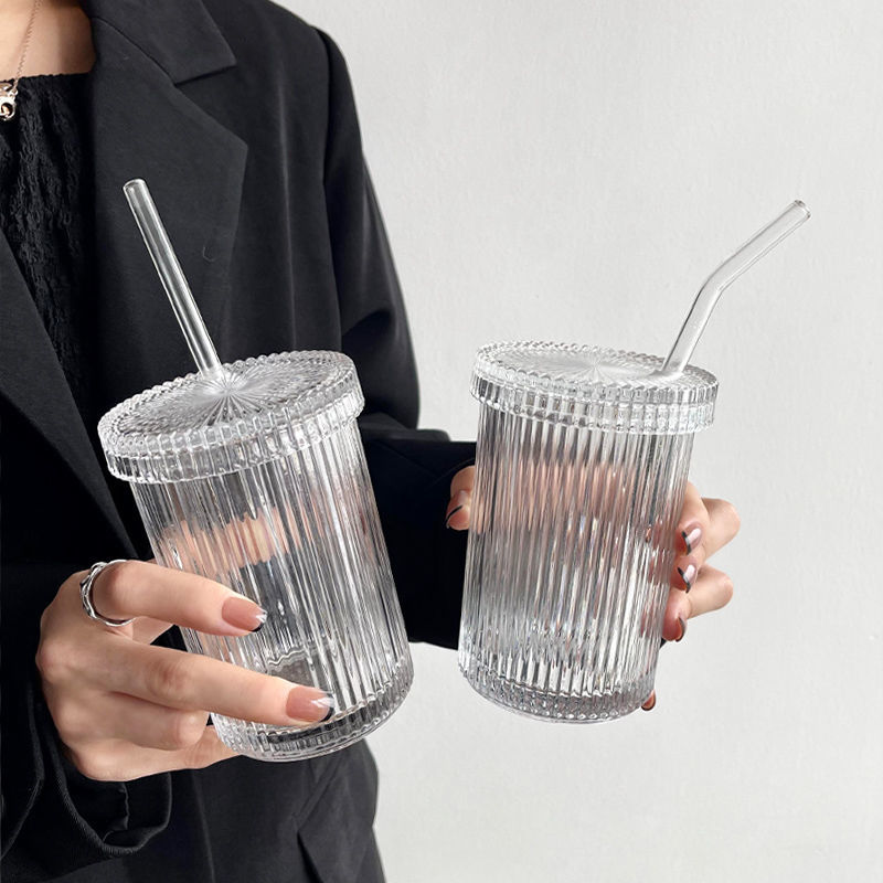 Ins style striped glass cup straw cup with cover simple water cup household cup drink cup milk cup breakfast cup