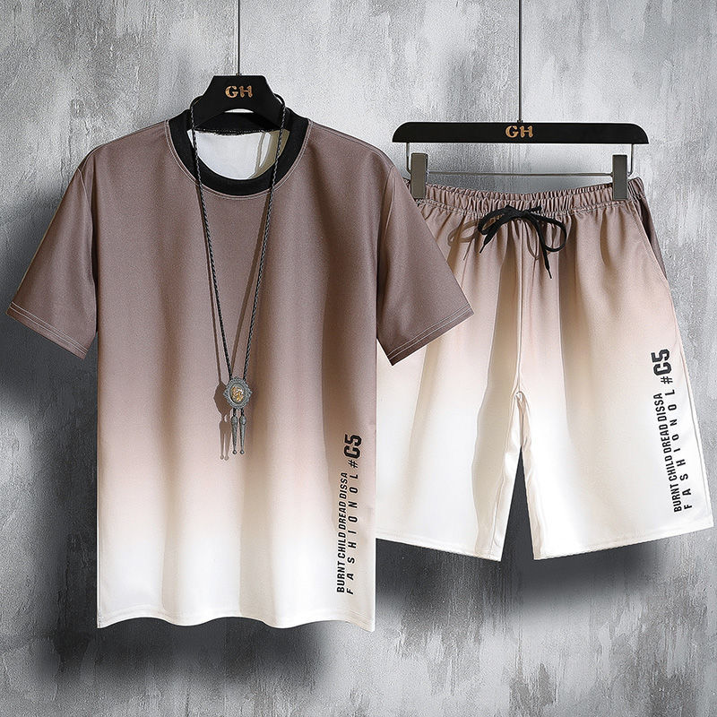 Men's ice pajamas summer short sleeved shorts two-piece suit thin youth large casual wear out home clothes fashion