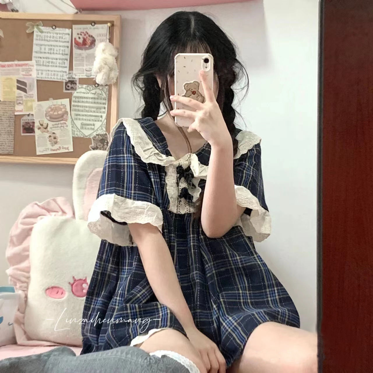 Ins student Plaid pajamas women's spring and summer new lace doll collar home clothes short sleeved Shorts Set