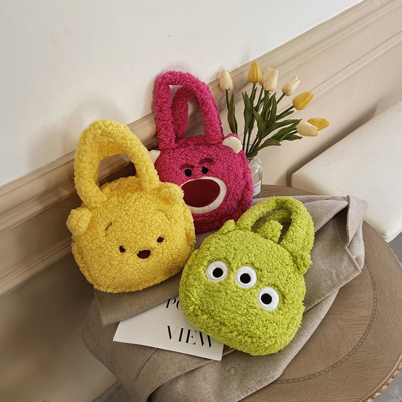 Cashmere strawberry bear cartoon girl heart three eyes baby portable makeup bag portable sweetheart go out foreign style women's bag