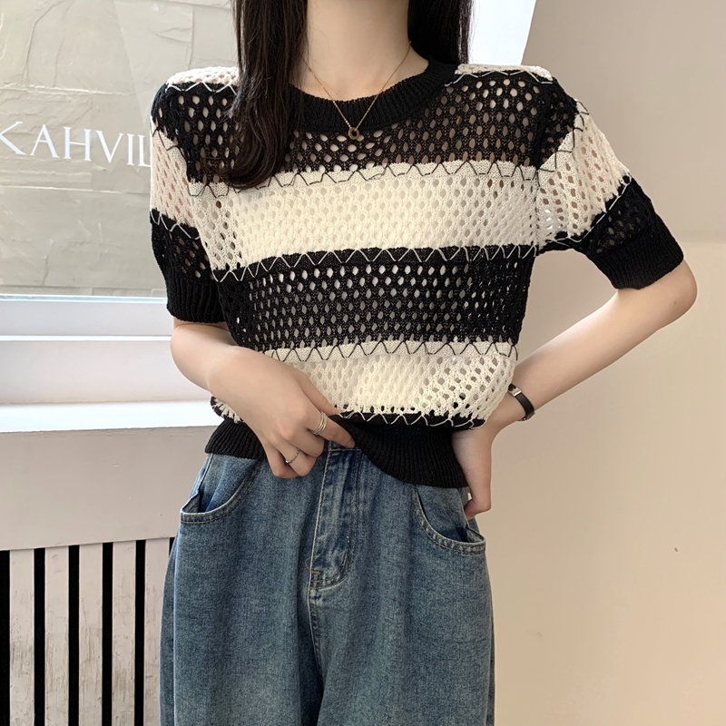 Real price Korean Vintage striped hollow out design, chic knitted short sleeved women's top