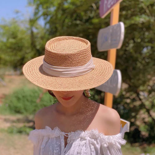 French straw hat children's high-end women's seaside holiday Beach Hat Lafite straw woven sun hat versatile retro flat top hat