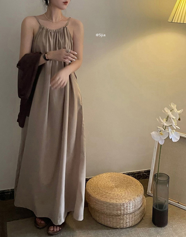 Real price Korean French style neck strap loose suspender dress pocket dress