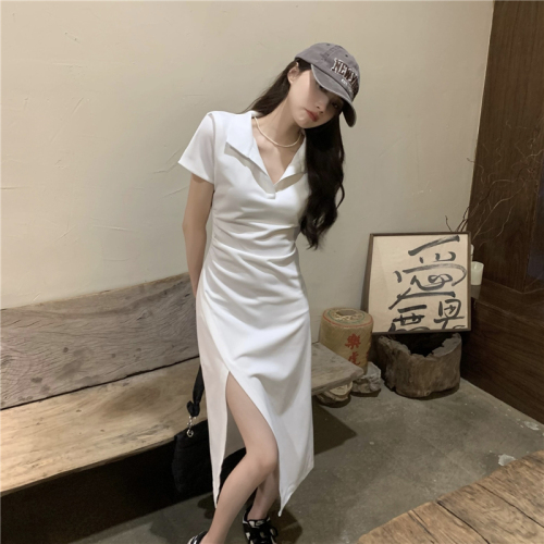 Real price white polo collar dress Korean version slim slim irregular split buttock dress