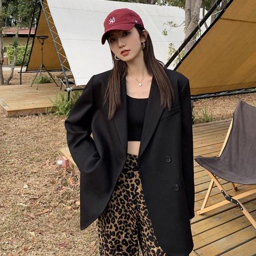 Black Hong Kong style suit coat women's 2022 spring and Autumn New Korean loose slim net red professional small suit top