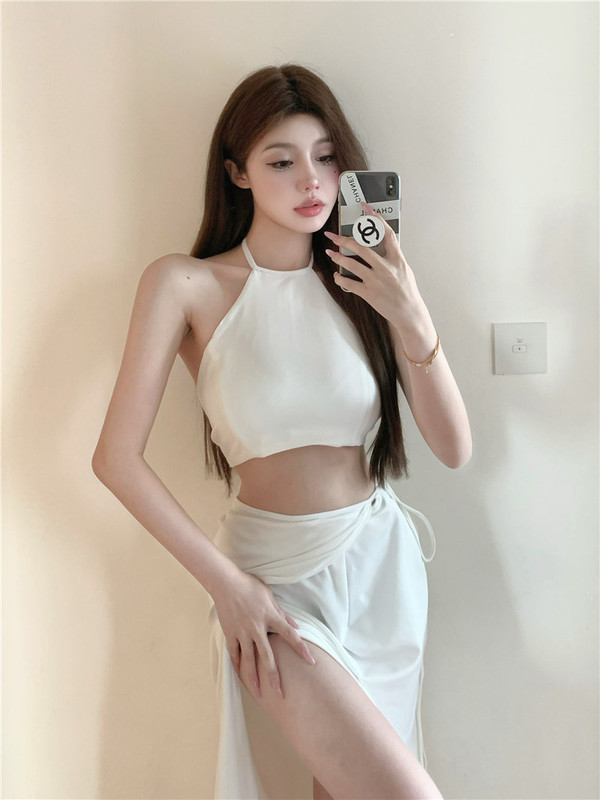 Real auction, real price ~ins pure desire to hang neck strap, open back sling + irregular design lace up one-piece skirt