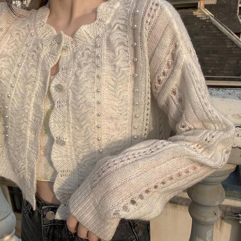 First love milk candy ins pearl petal collar hollowed out knitted Beaded cardigan temperament versatile with a solid color top