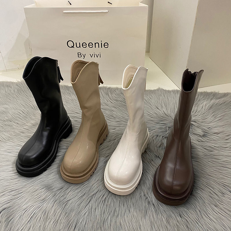 European and American thin thick soled middle boots 2021 new round headed British style Martin boots versatile tennis red high thin boots
