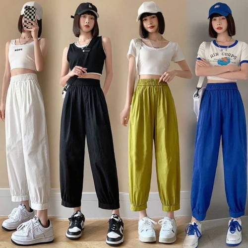 Tiktok cotton quality  overalls summer women's elastic waist thin loose Wide Leg Pants Small cropped pants