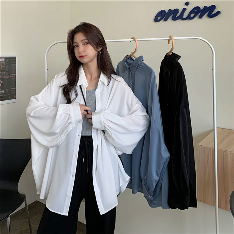 Korean loose thin hanging feeling Lantern Sleeve White Shirt sunscreen top medium long lazy style versatile thin coat women